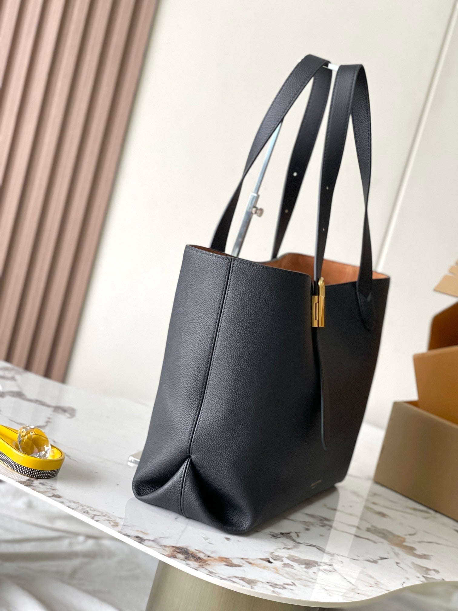 LOUIS VUITTON LOW KEY CABAS 47 IN BLACK GRAINED CALFSKIN GOLD BUCKLE