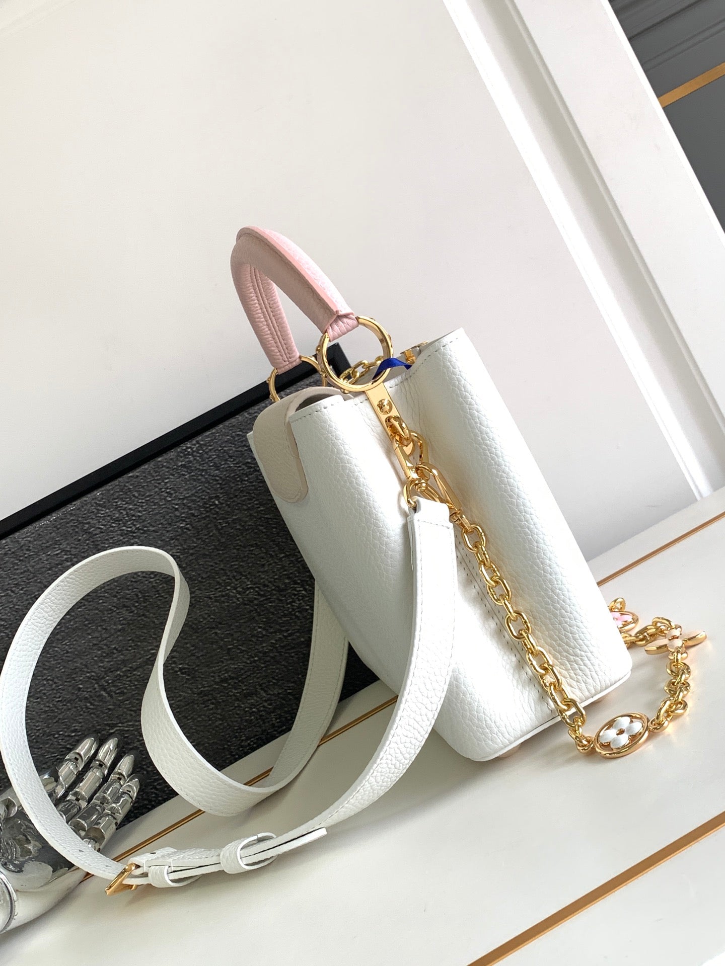 LOUIS VUITTON CAPUCINES BB 27 IN WHITE MIX PINK AND BEIGE TAURILLON GOLD HARDWARE