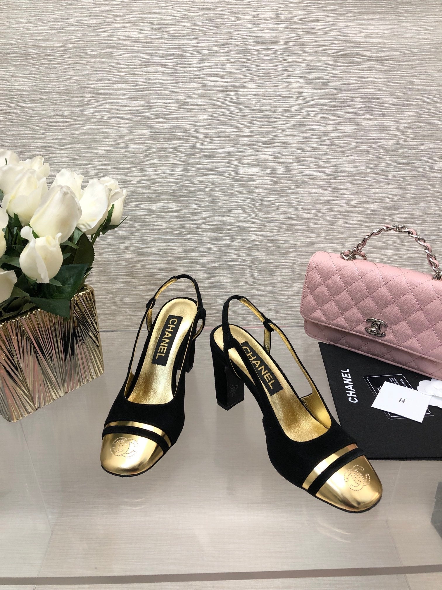 CHANEL HIGH SLINGBACKS IN BLACK SUEDE AND GOLDEN LAMBSKIN