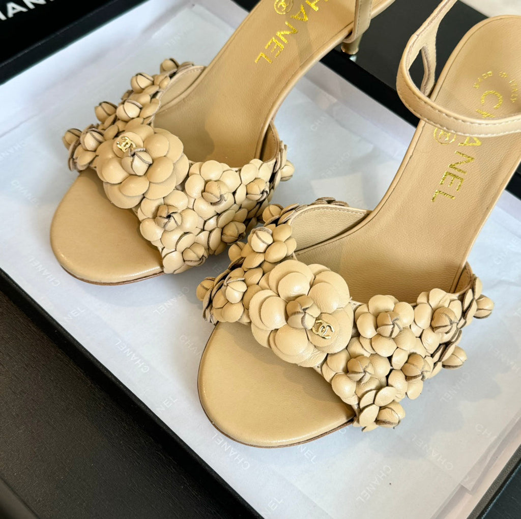 CHANEL Little Camellia World Thin High Sandals Tan Brown Lambskin
