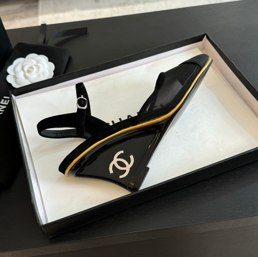 CHANEL Waterproof Platform High Heels Transparent Heel Mesh  Black