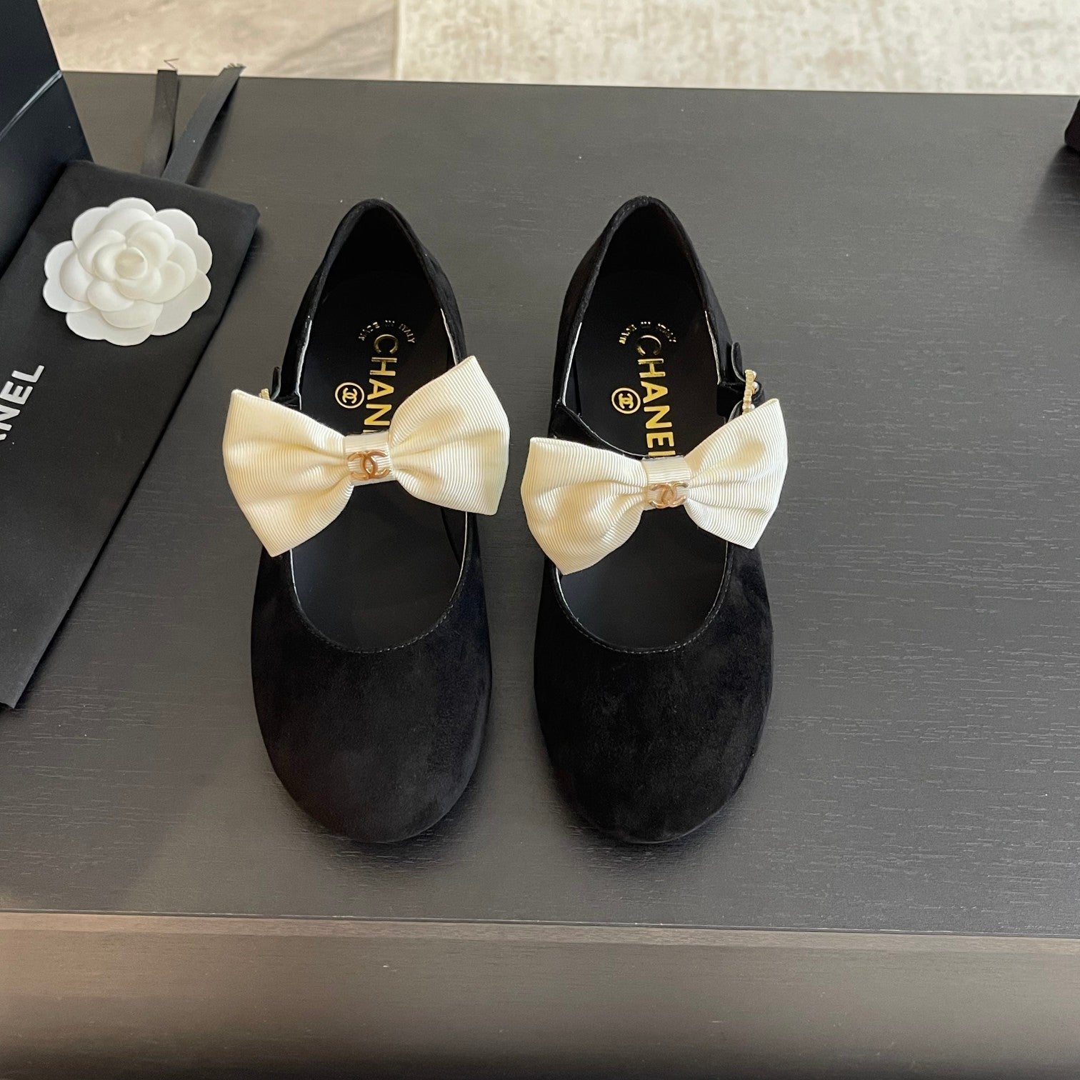 CHANEL BALLET FLAT BLACK SUEDE LAMBSKIN WITH WHITE BOW