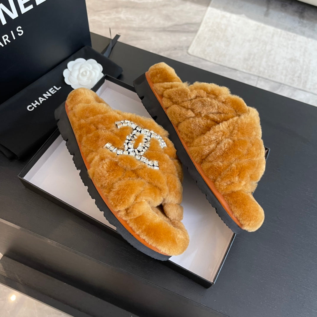 CHANEL SAFETY ORANGE FUR CROSS STRAP SLIPPERS