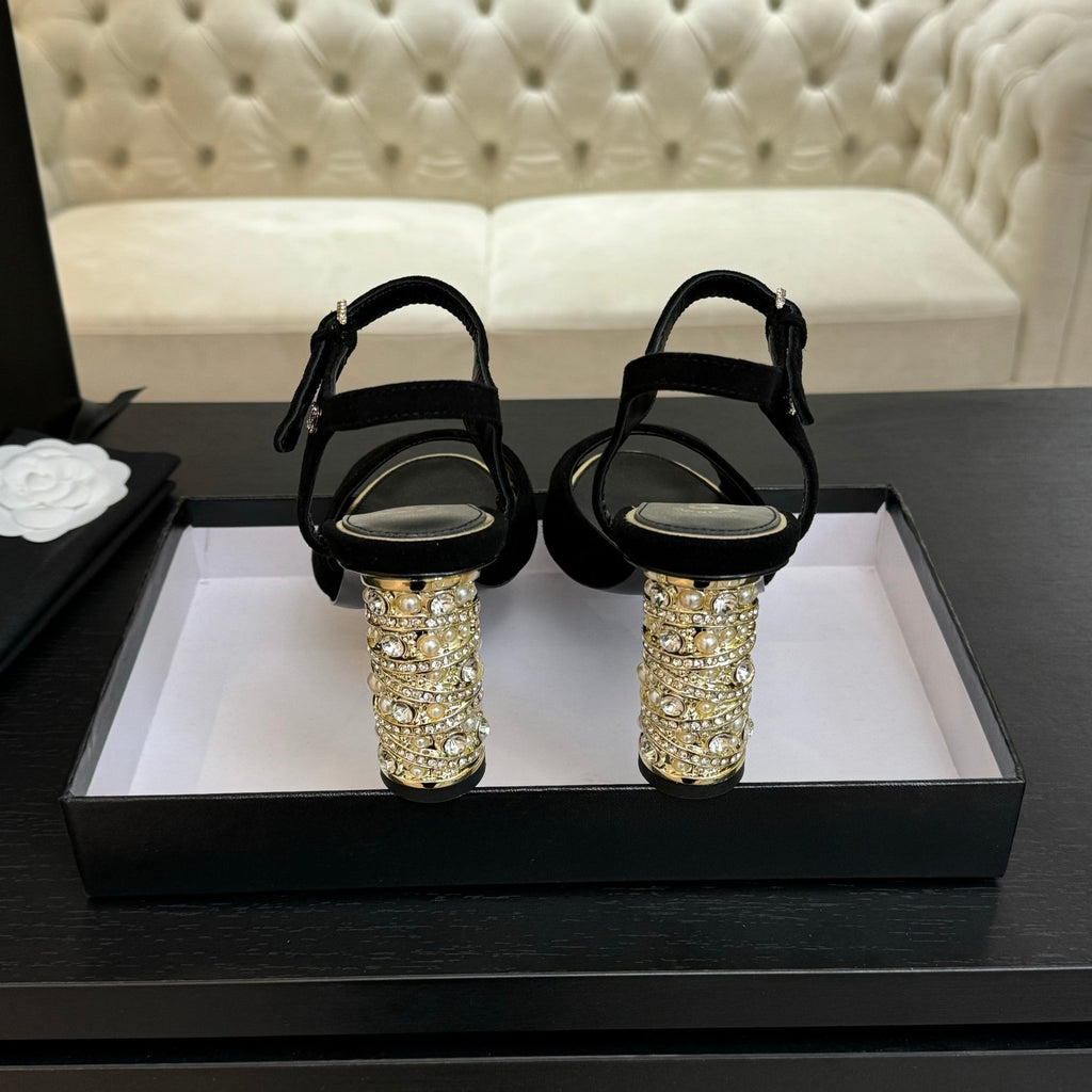 CHANEL T-STRAP PEARL HEEL 85 MM SANDALS IN BLACK SUEDE