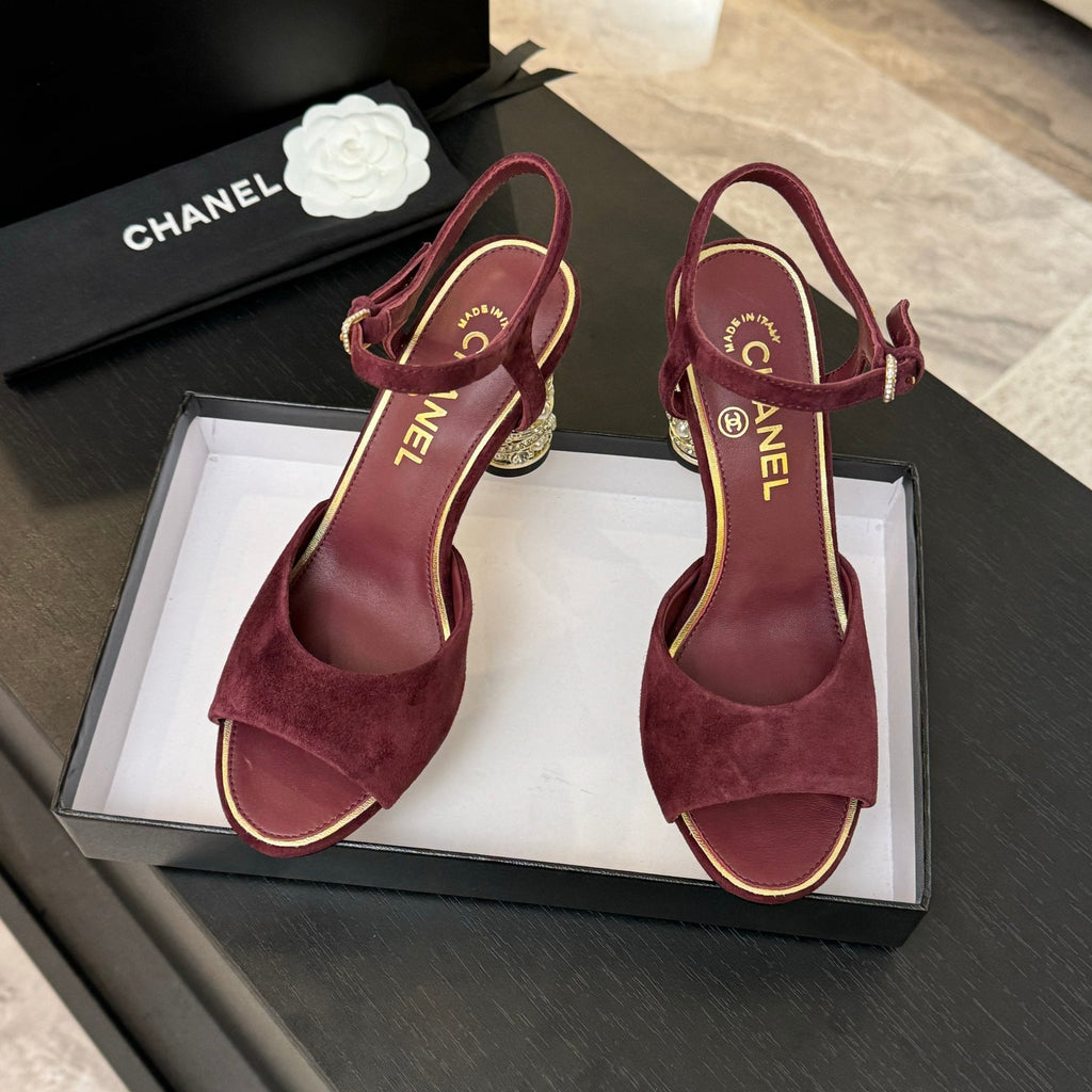 CHANEL T-STRAP PEARL HEEL 85 MM SANDALS IN SANGRIA RED SUEDE