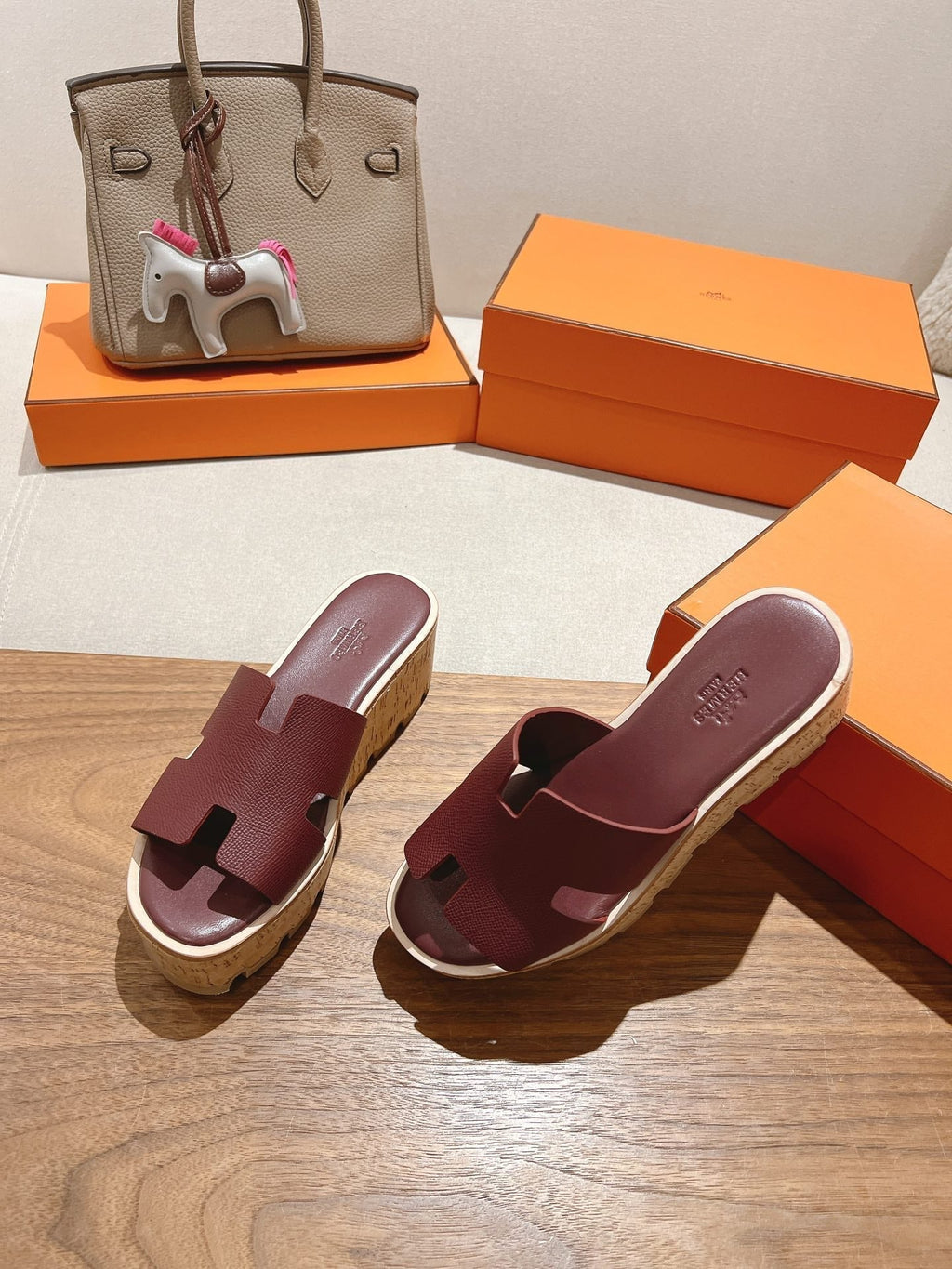 HERMES 25S HIGH WEDGE SANDALS IN RICH WINE RED LAMBSKIN STYLE 21