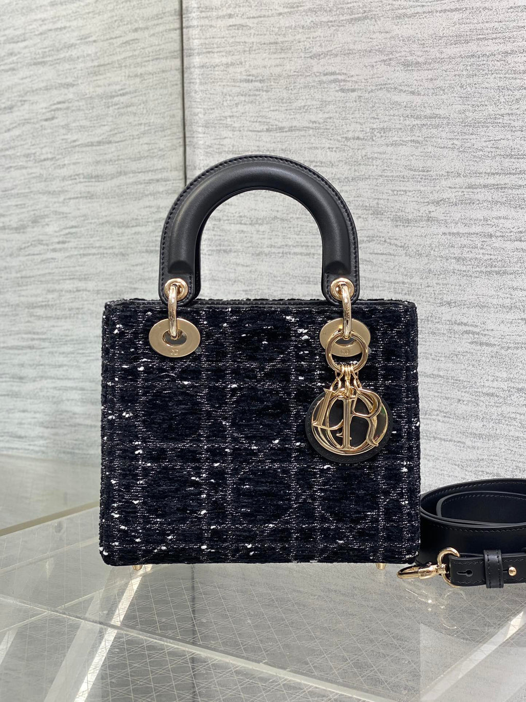 DIOR MINI 20 LADY BAG IN BLACK MIX WHITE CANNAGE TWEED WITH GOLD HARDWARE