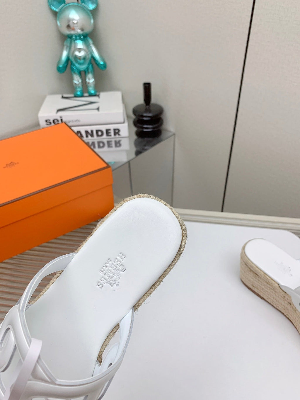HERMES ITHEA 85 MM ESPADRILLE IN WHITE CALFSKIN