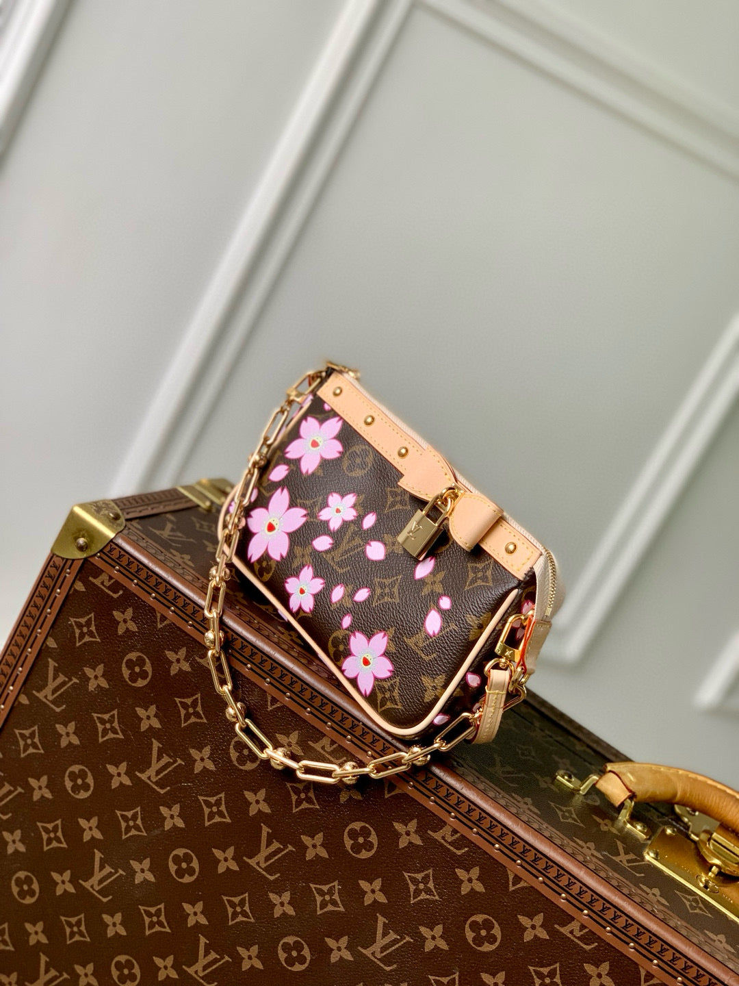 LOUIS VUITTON POCHETTE ACCESSOIRES 22 IN BROWN MONOGRAM CANVAS CHERRY BLOSSOM