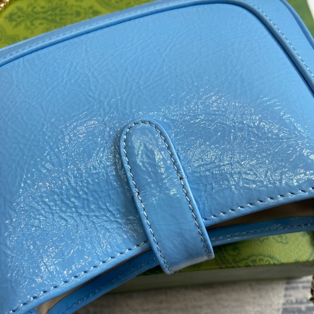 GUCCI JACKIE NOTTE MINI BAG 19 IN OCEAN BLUE CRACKED LACQUER CALFSKIN GOLD HARDWARE