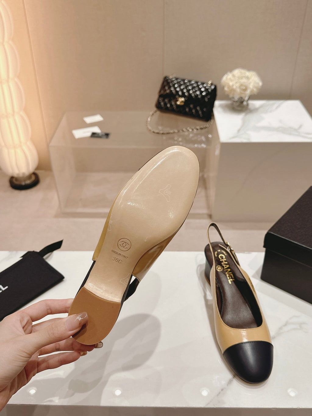 CHANEL SLINGBACKS PEANUT BROWN MIX BLACK SHEEPSKIN