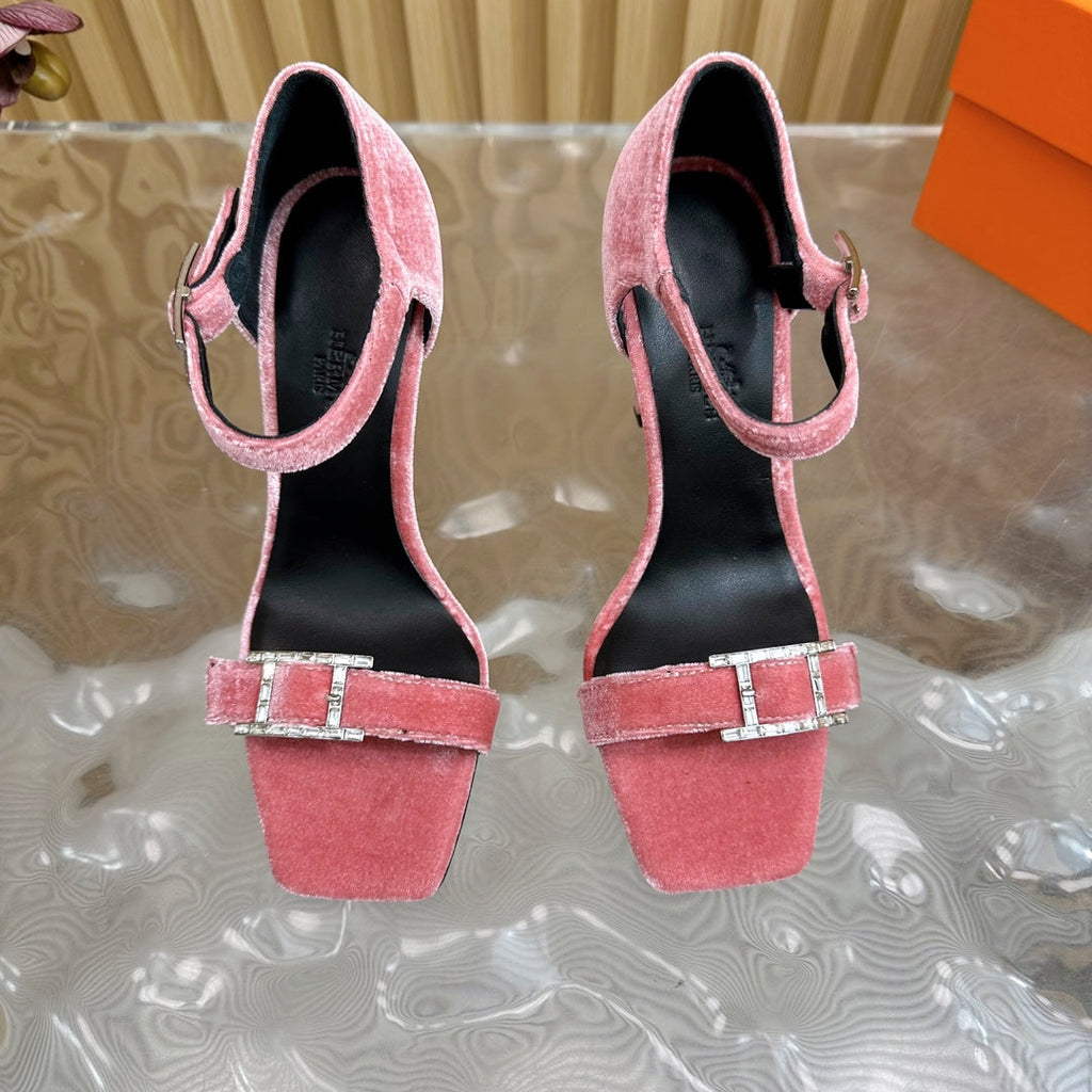 HERMES JULY SANDAL 105 MM IN ROUGE PINK VELVET
