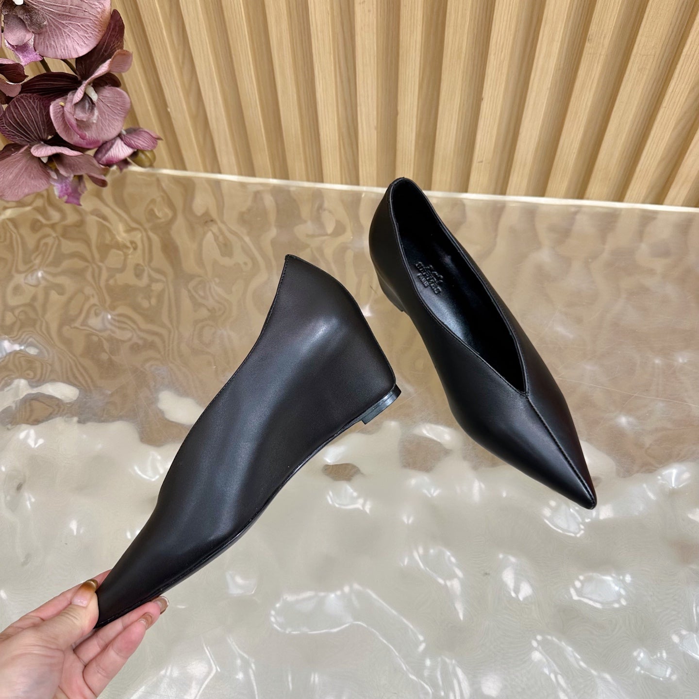 HERMES 25S HIGH-HEEL WEDGE SHOES 50 MM IN BLACK LAMBSKIN