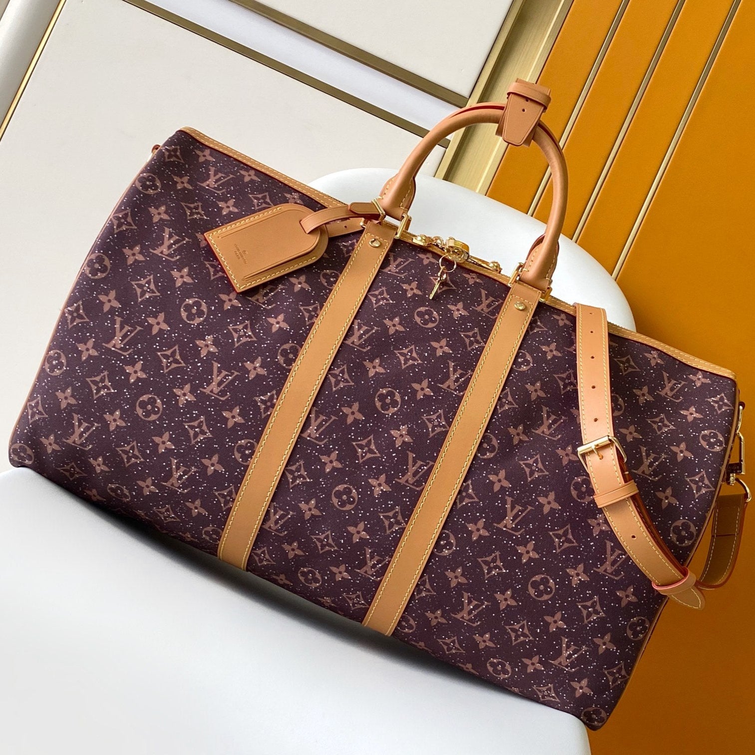 LOUIS VUITTON LV 25S KEEPALL 50 MONOGRAM CRYSTALS IN DARK PURPLE CANVAS AND CALFSKIN TRIM