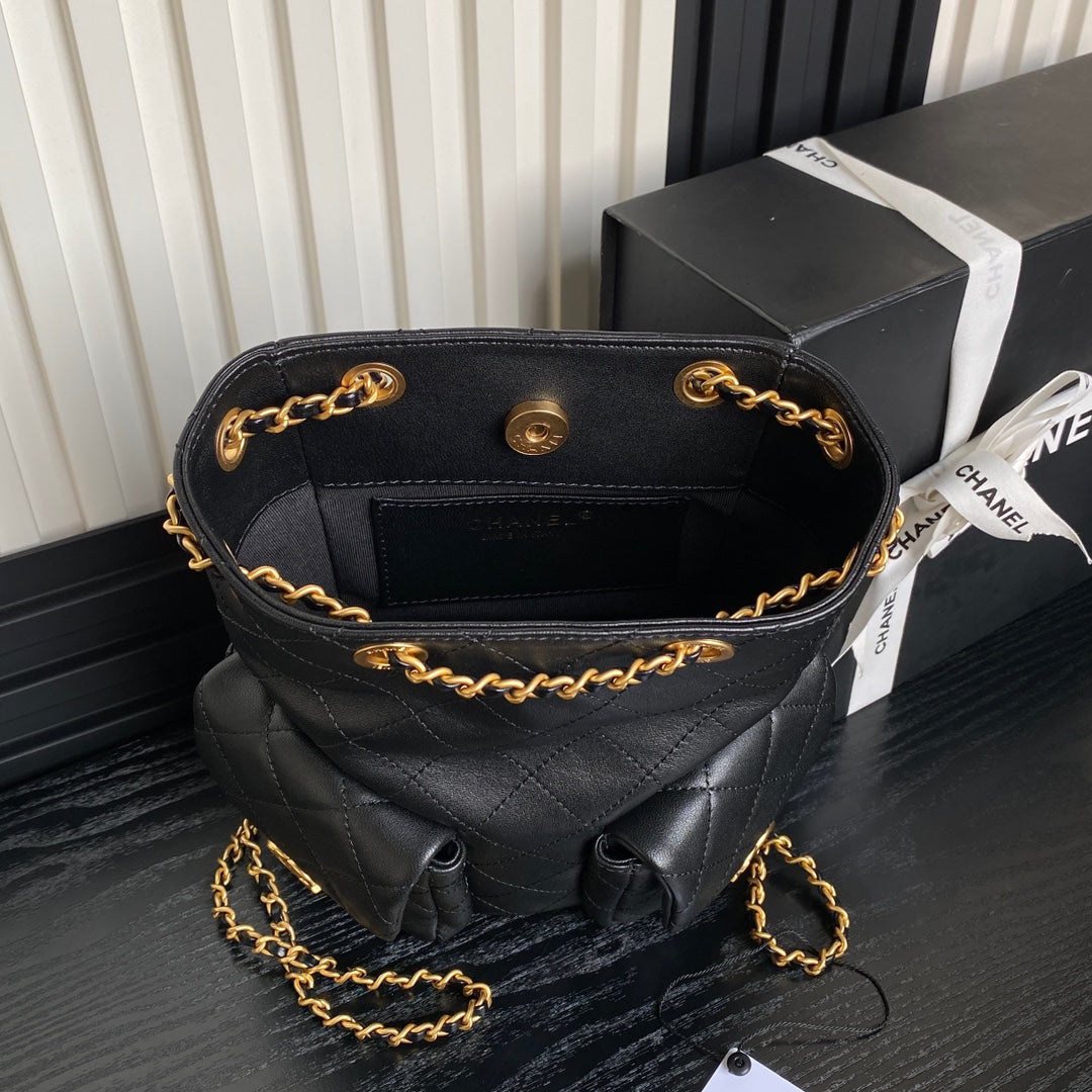 CHANEL BUCKET BACKPACK 24 IN BLACK LAMBSKIN GOLD HARDWARE