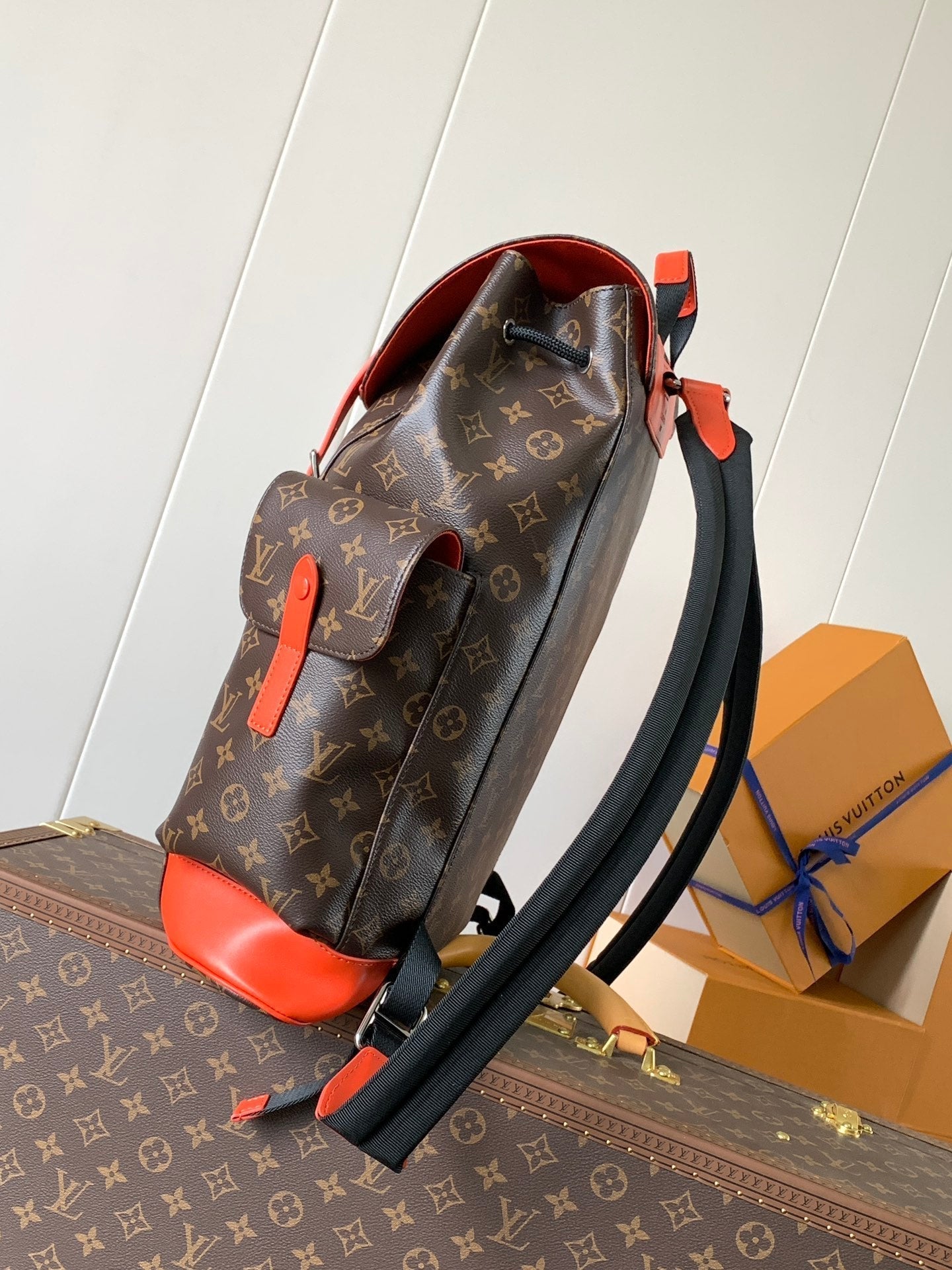 LOUIS VUITTON LV 25S CHRISTOPHER BACKPACK 48 IN BROWN AND VERMILION CANVAS MONOGRAM