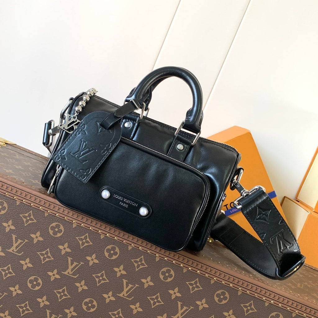 LOUIS VUITTON LV 25S KEEPALL CARGO BANDOULIÈRE 25 IN BLACK CALFSKIN SILVER HARDWARE