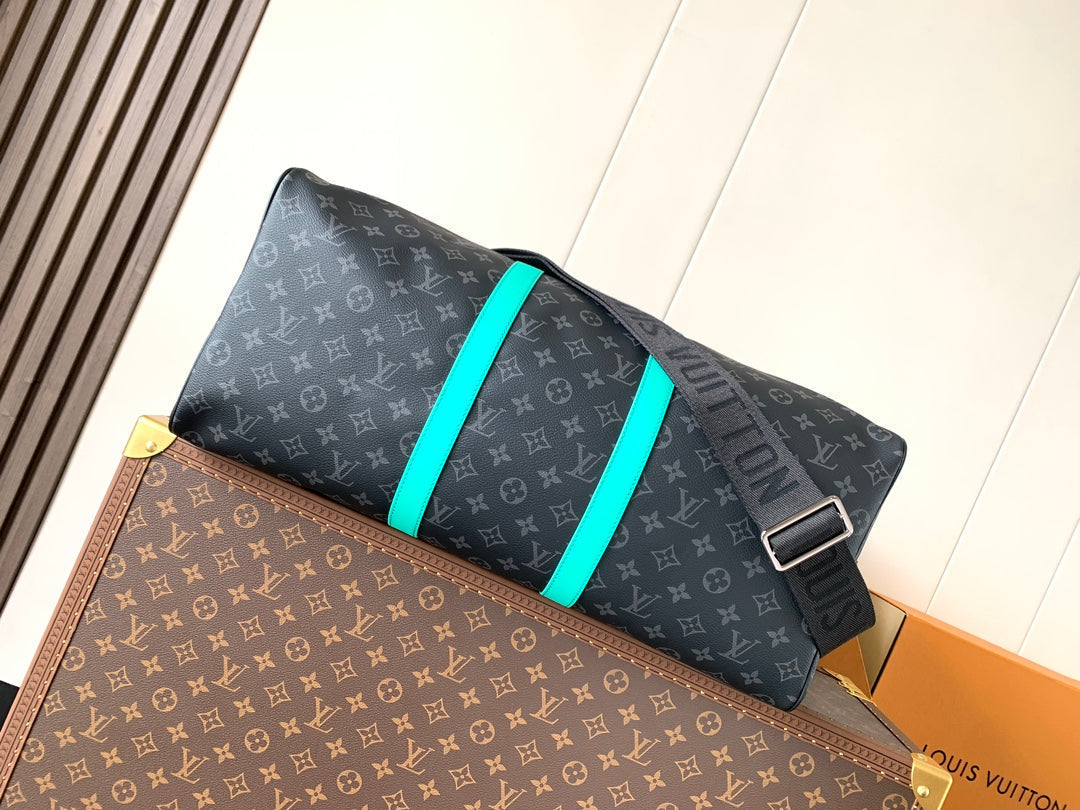 LOUIS VUITTON LV 25S KEEPALL 50 WITH SHOULDER STRAP IN BLACK AQUA COATED MONOGRAM ECLIPSE CANVAS AND CALFSKIN
