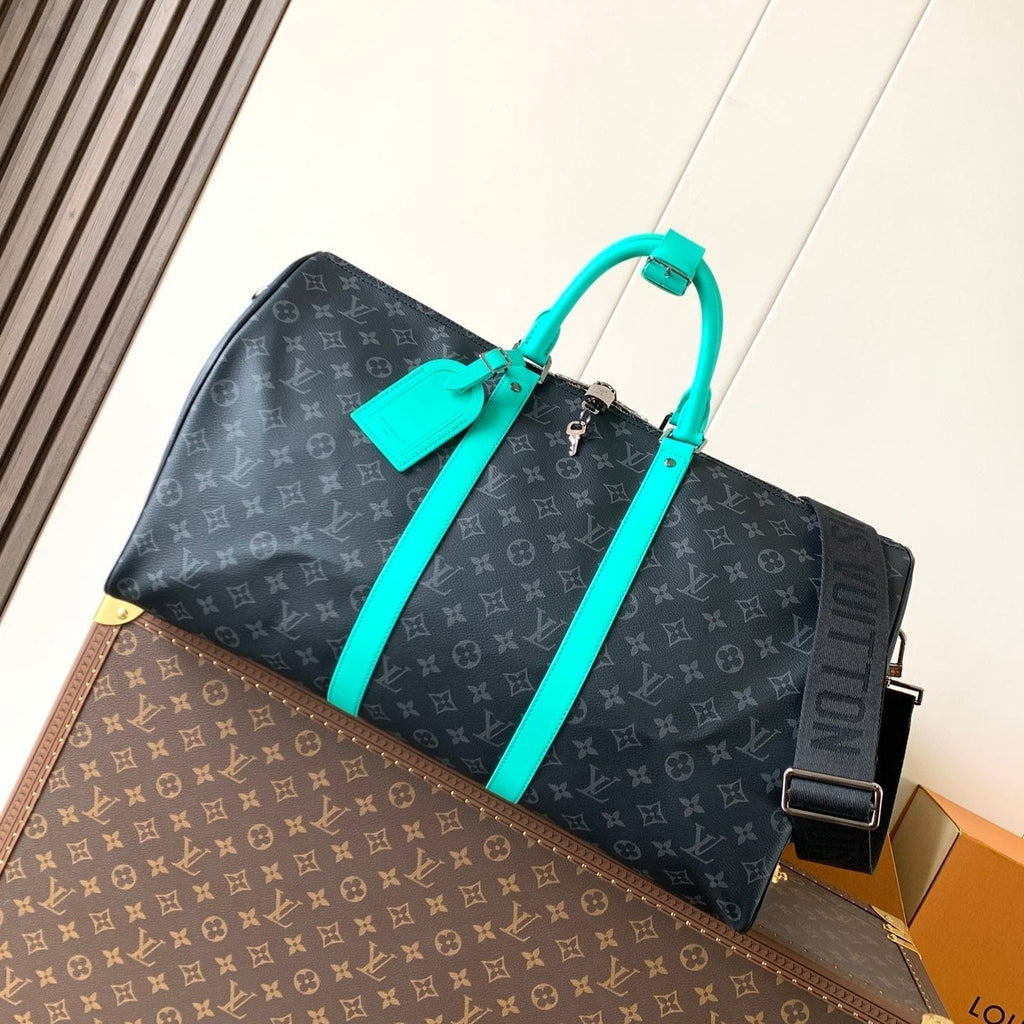 LOUIS VUITTON LV 25S KEEPALL 50 WITH SHOULDER STRAP IN BLACK AQUA COATED MONOGRAM ECLIPSE CANVAS AND CALFSKIN