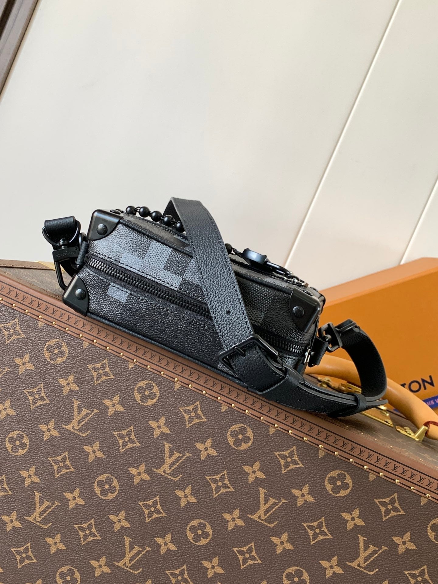 LOUIS VUITTON LV 25S MINI SOFT TRUNK BOX BAG 18 IN DAMOFLAGE BLACK CANVAS AND CALFSKIN