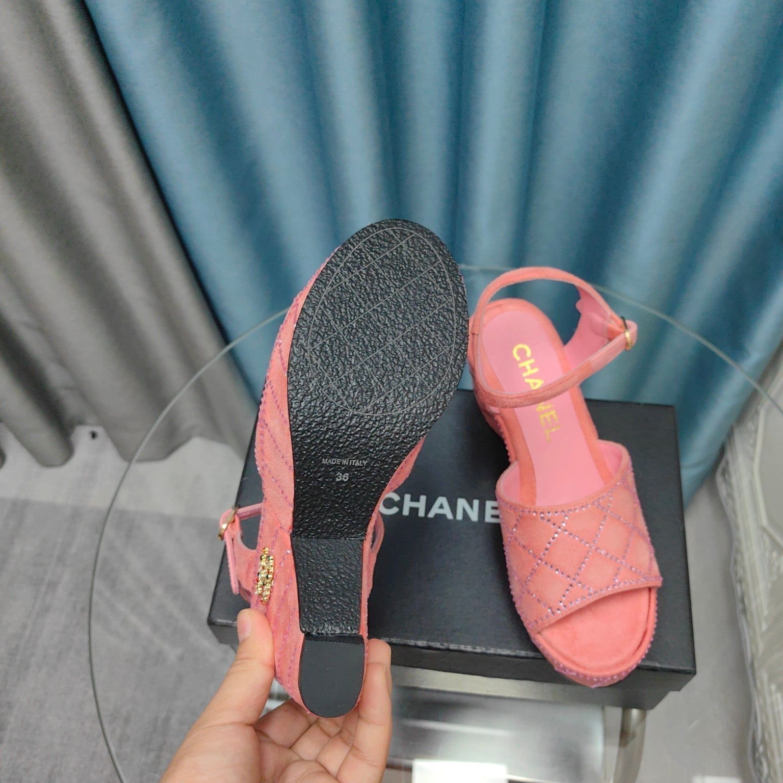 CHANEL THICK-SOLED WEDGE SANDALS IN LIGHT PINK SUEDE