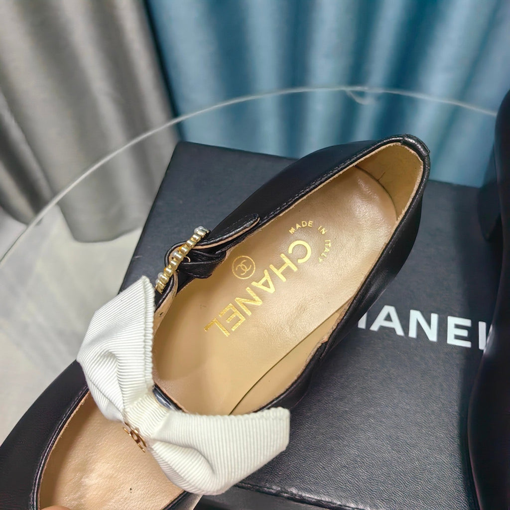 CHANEL HIGH MARY JANE SHOES BLACK SHEEPSKIN WITH WHITE BOW