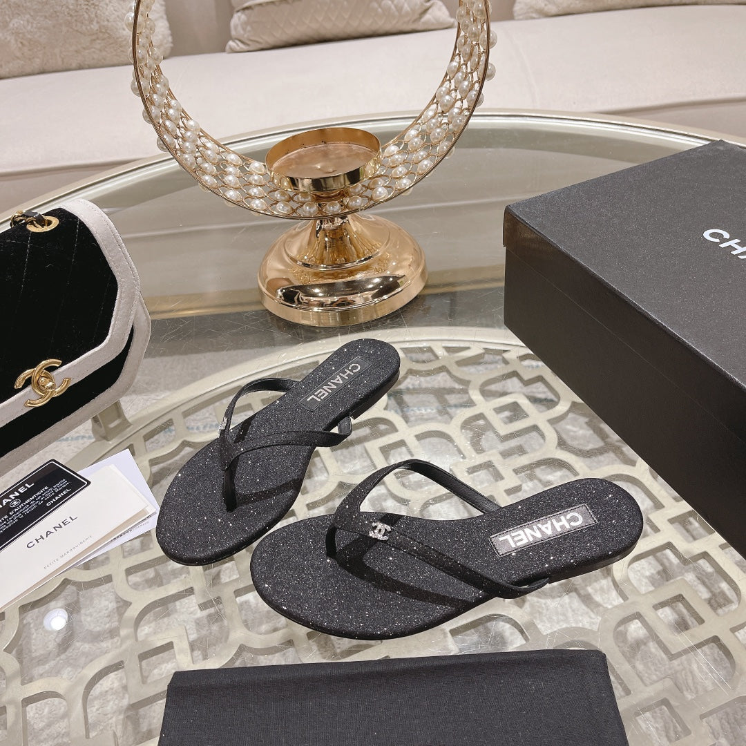 CHANEL Double  Rhinestone Flip  Flop Thongs Black Sheepskin
