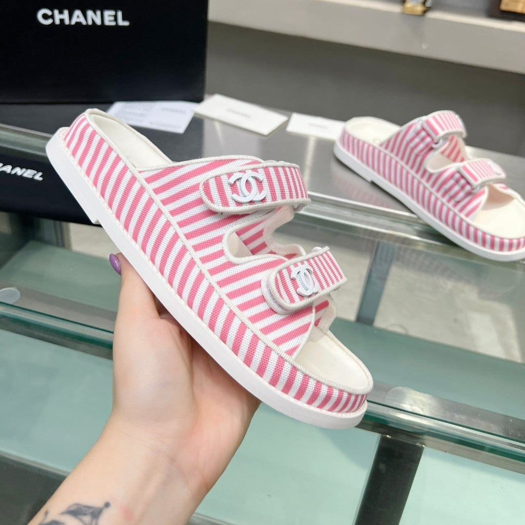 CHANEL Stripes Casual  Flat Sandals Light Pink White