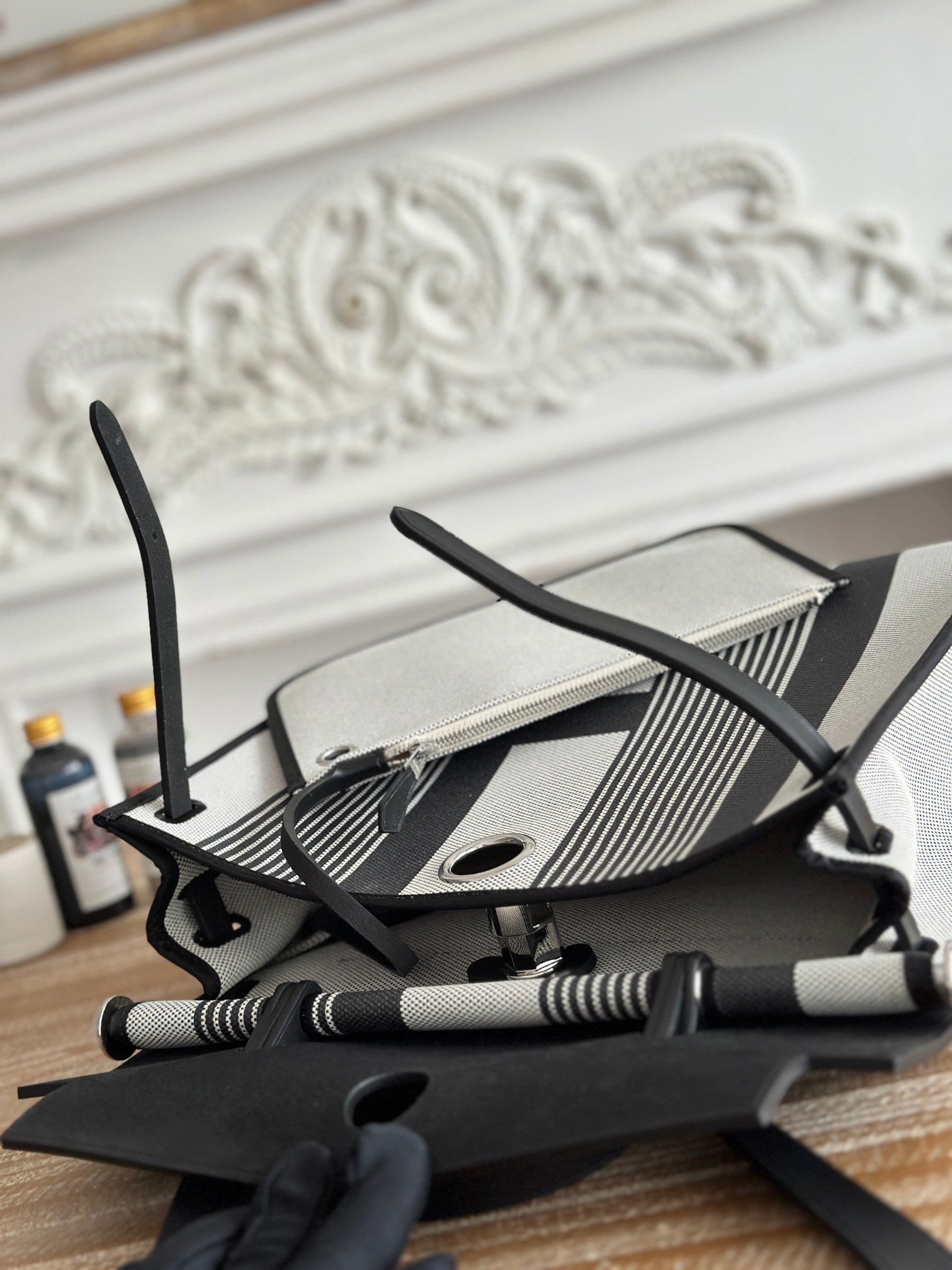 HERMES ZIP CABINE 31 BAG IN BLACK MIX WHITE CANVAS AND CALFSKIN
