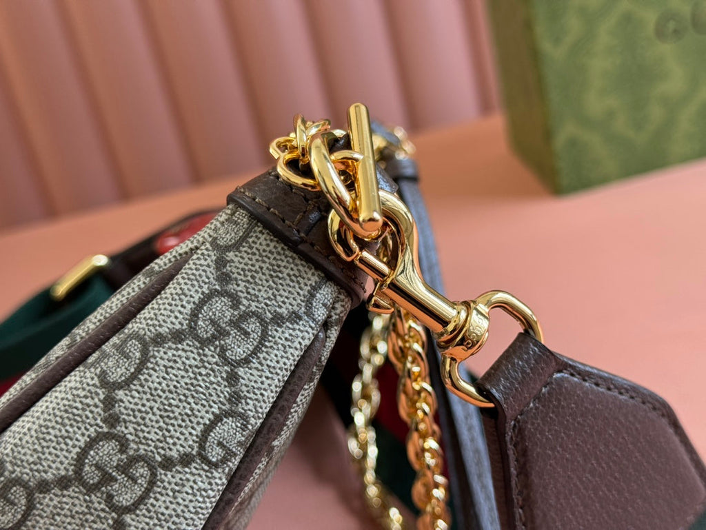 GUCCI OPHIDIA SMALL SHOULDER BAG 25 IN BEIGE EBONY CANVAS AND DARK BROWN LAMBSKIN GOLD HARDWARE