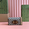 GUCCI HORSEBIT 1955 WALLET IN BEIGE EBONY CANVAS MIX BROWN CALFSKIN GOLD CHAIN