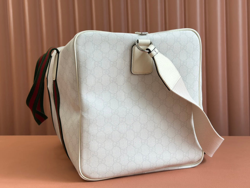 GUCCI MEDIUM DUFFLE BAG WITH WEB 47 IN WHITE SOFT  CALFSKIN