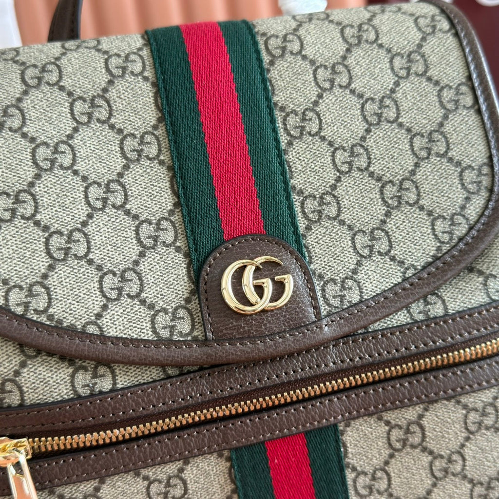 GUCCI 25S OPHIDIA MEDIUM BACKPACK 30 IN BEIGE AND EBONY CALFSKIN