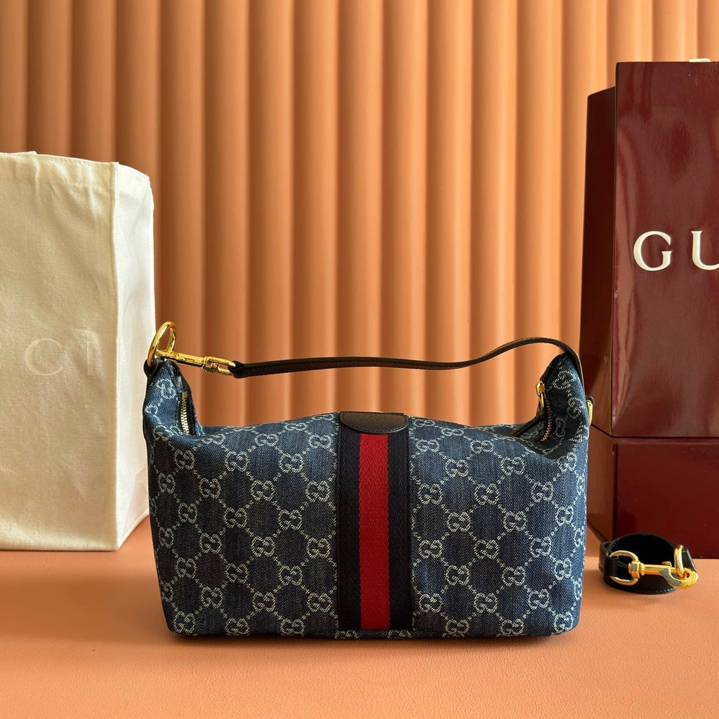 GUCCI 26S GIGLIO TOP HANDLE BAG 27 IN BLUE AND WHITE DENIM