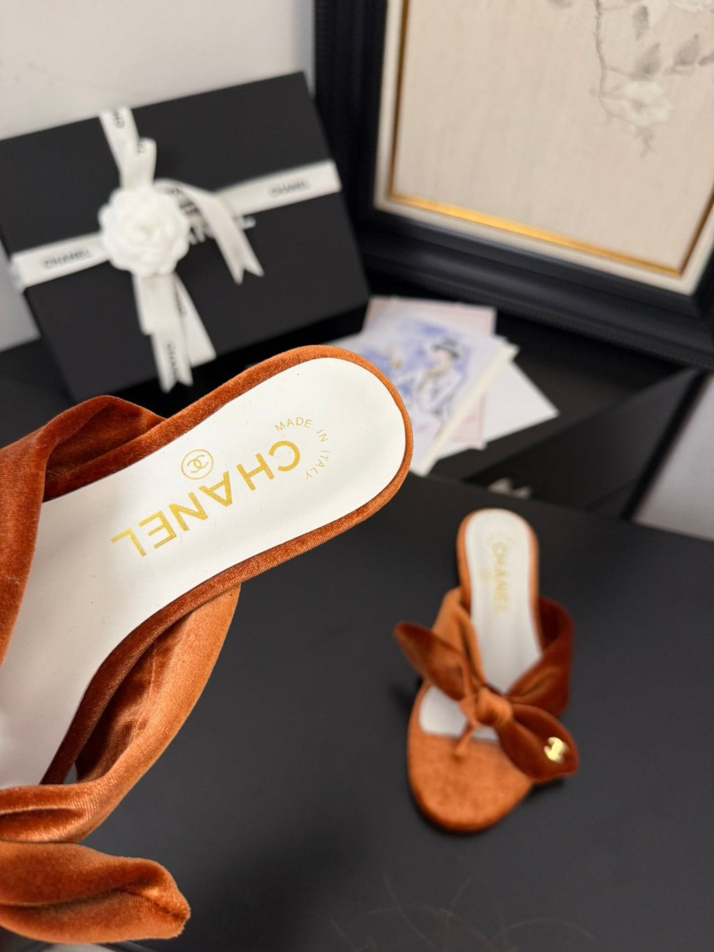 CHANEL 25C Thong Sandal Bow Pumpkin Velvet fabric 233565