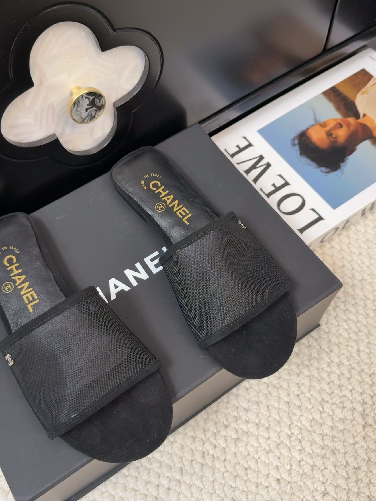 CHANEL FLAT SLIDE IN BLACK MESH AND SUEDE