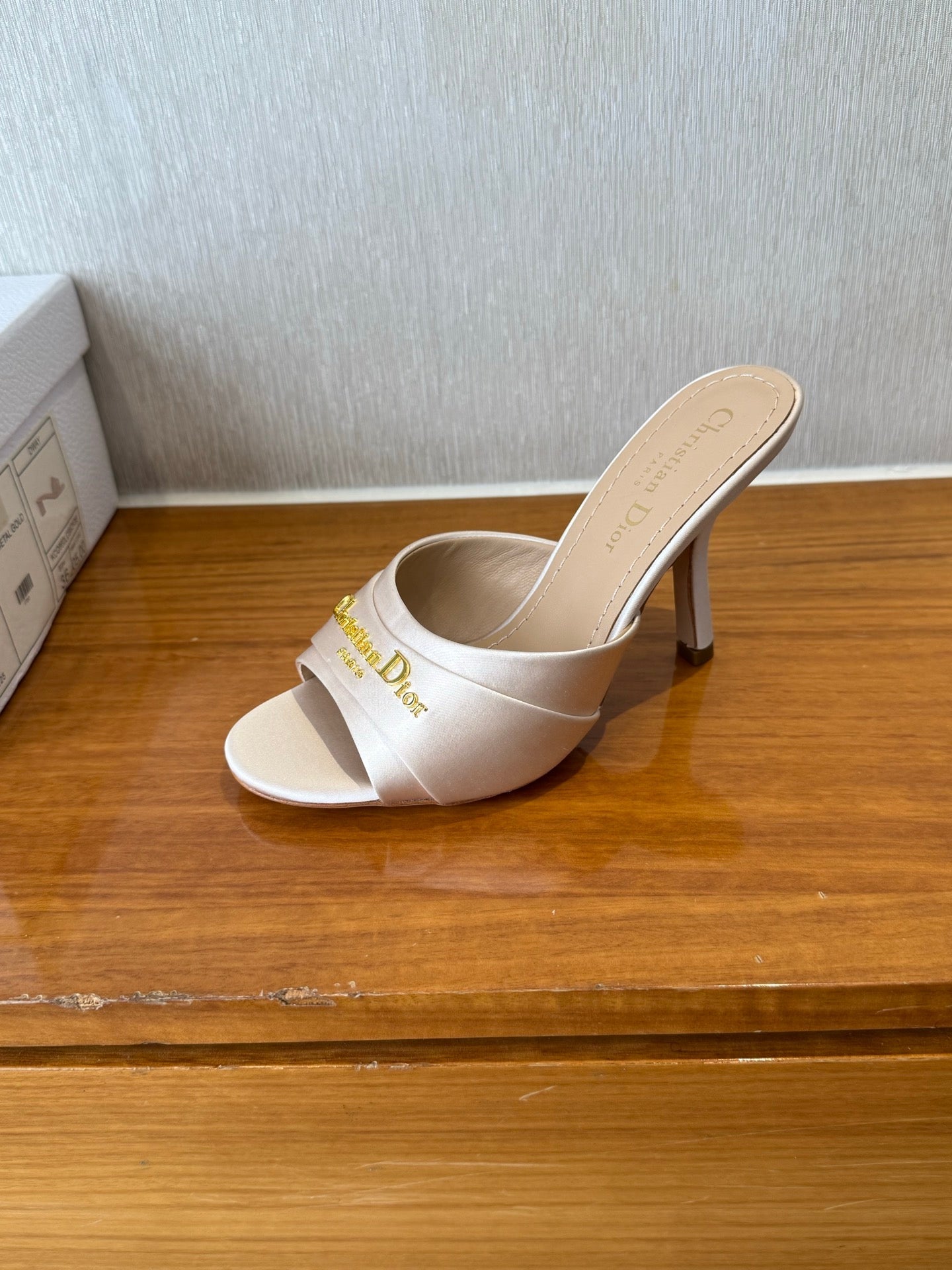 DIOR PEEP TOE SANDAL 25S HEELS 10CM IN PALE PINK BEIGE SATIN