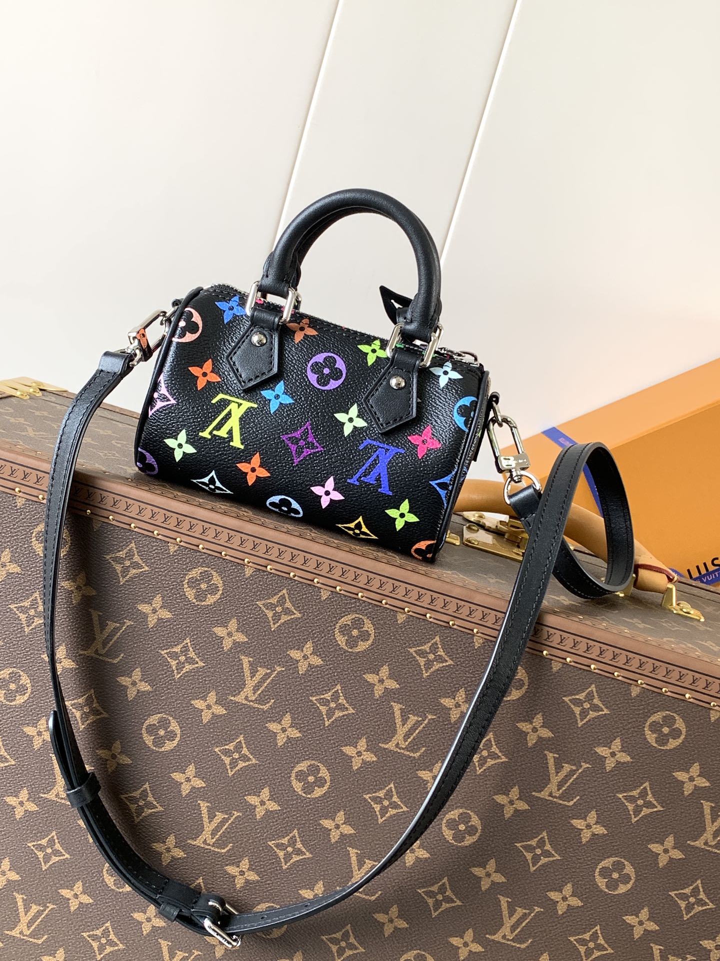 LOUIS VUITTON NANO SPEEDY BAG 16 IN COLORFUL MONOGRAM PATTERN AND BLACK COATED CANVAS