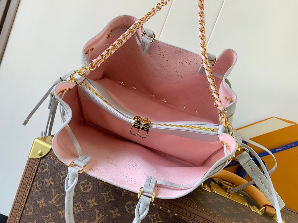 LOUIS VUITTON LV 25S BELLA TOTE BAG 32 IN PINK GREY PERFORATED MAHINA CALFSKIN