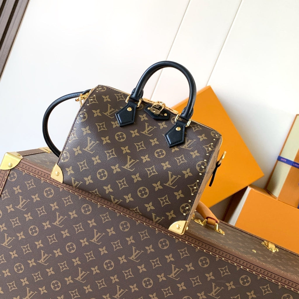 LOUIS VUITTON LV 25S SPEEDY TRUNK BAG 27 IN BROWN MONOGRAM COATED CANVAS AND BLACK CALFSKIN
