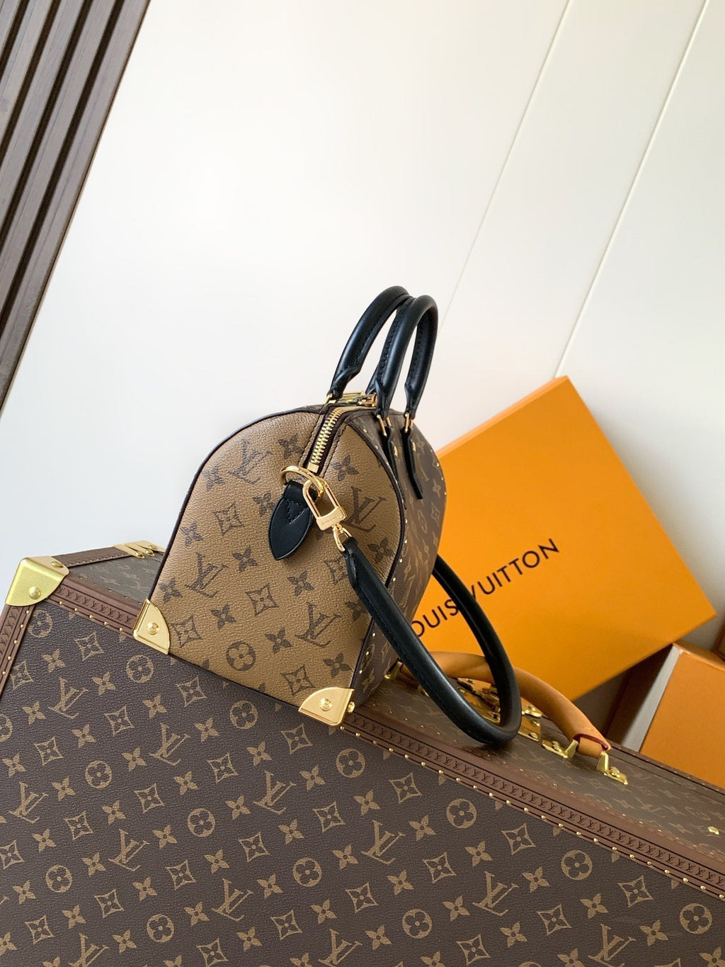 LOUIS VUITTON LV 25S SPEEDY TRUNK BAG 27 IN BROWN MONOGRAM COATED CANVAS AND BLACK CALFSKIN