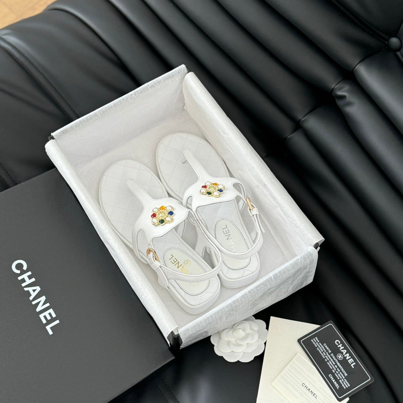 CHANEL Double C Classic One-Strap Sandals White Lambskin