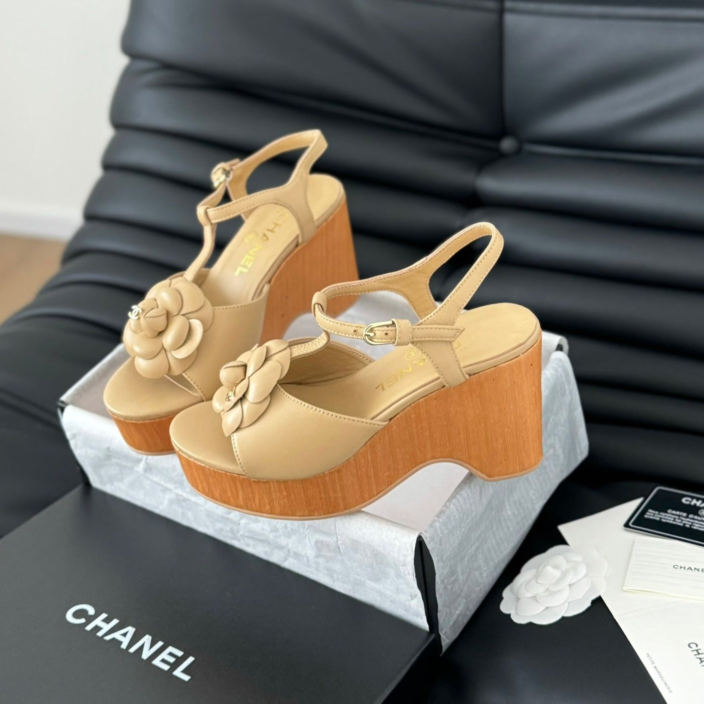 CHANEL Double C New Wood Grain Platform Sandal  Tan Brown Lambskin