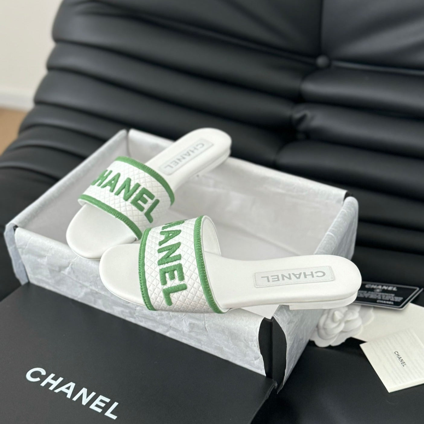CHANEL Woven Embroidered Letter Slippers White Green
