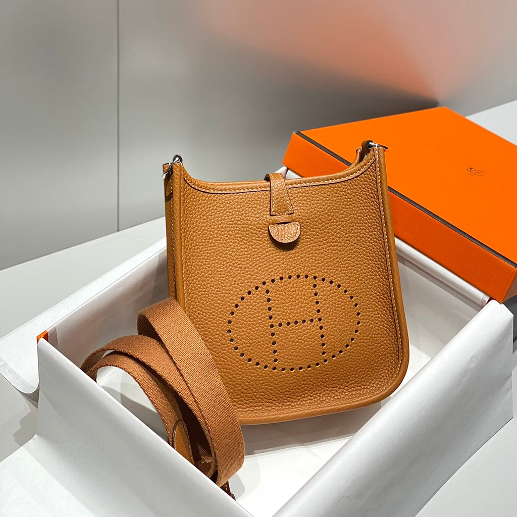 HERMES MINI NEO 18 EVELYNE BAG IN TAWNY BROWN GRAINED CALFSKIN