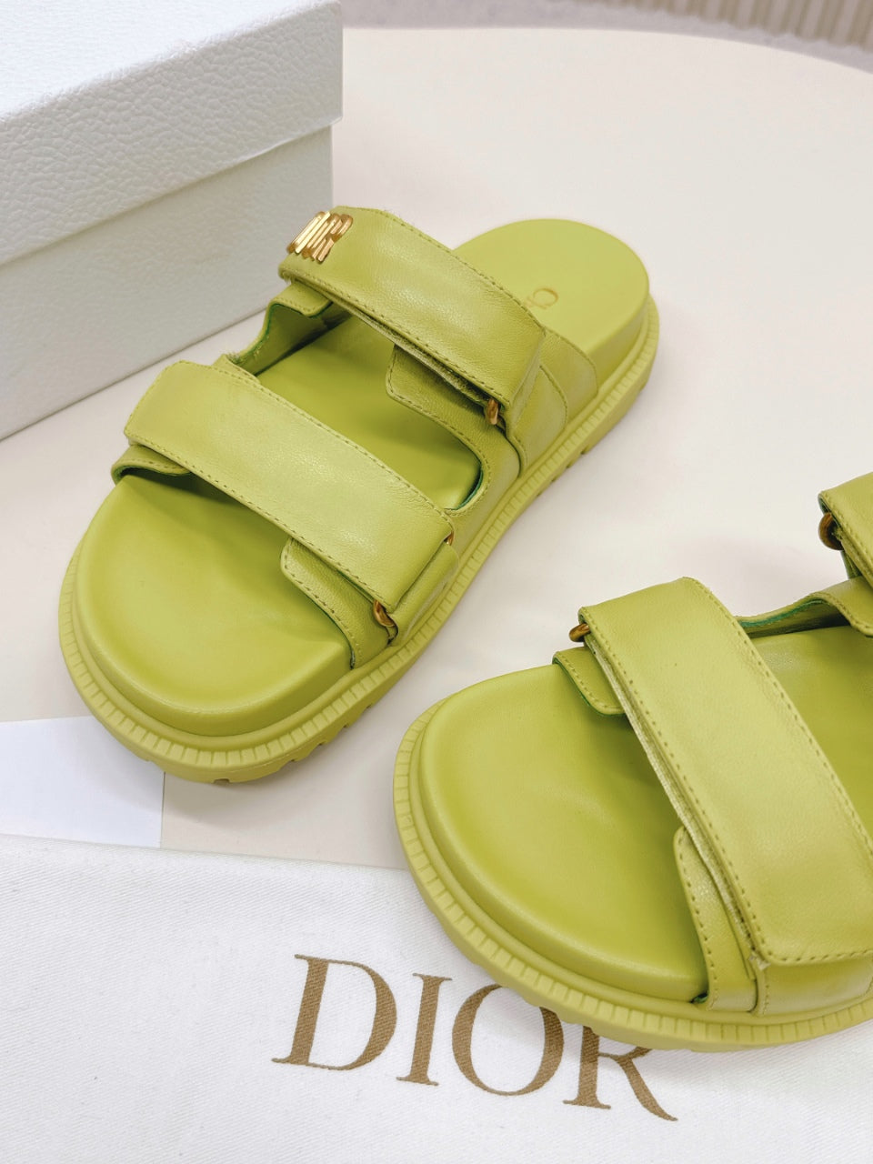 DIOR CLASSIC DOUBLE-STRAP SLIDES 25S IN OLIVE YELLOW CALFSKIN