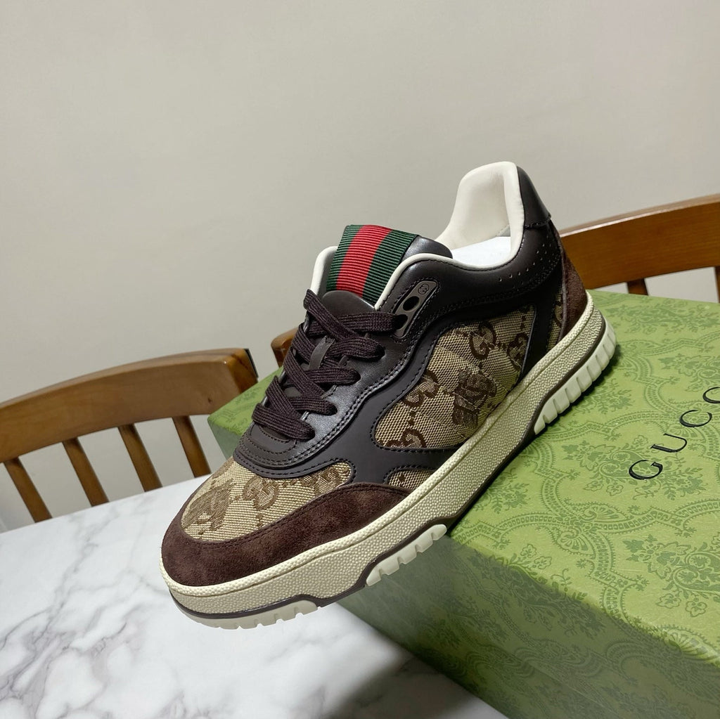 GUCCI 26S RE-WEB TRAINER SNEAKERS IN BROWN CALFSKIN AND BEIGE CANVAS