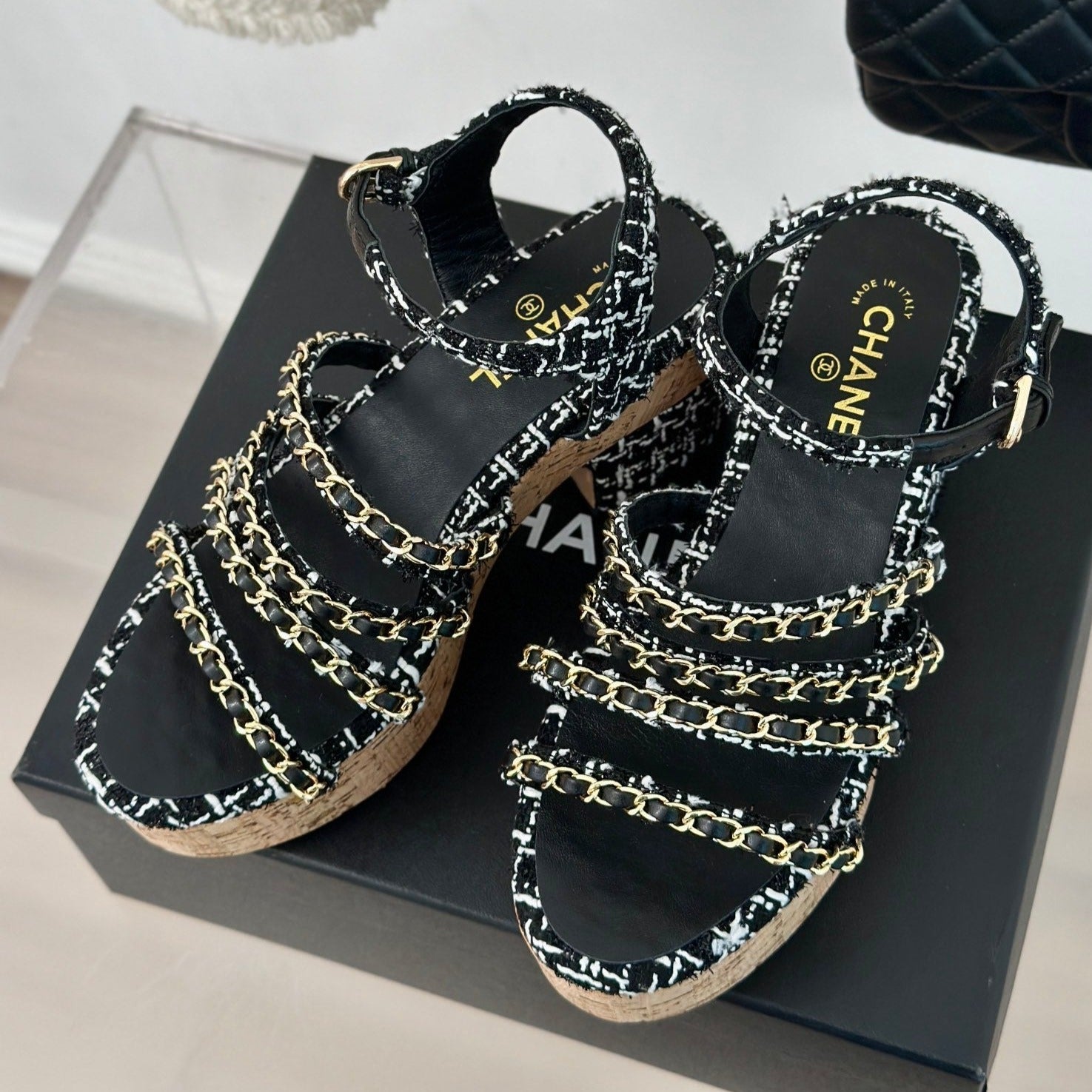 CHANEL Double C Wooden Chain Platform Block Heel Sandals White Caro/ Black