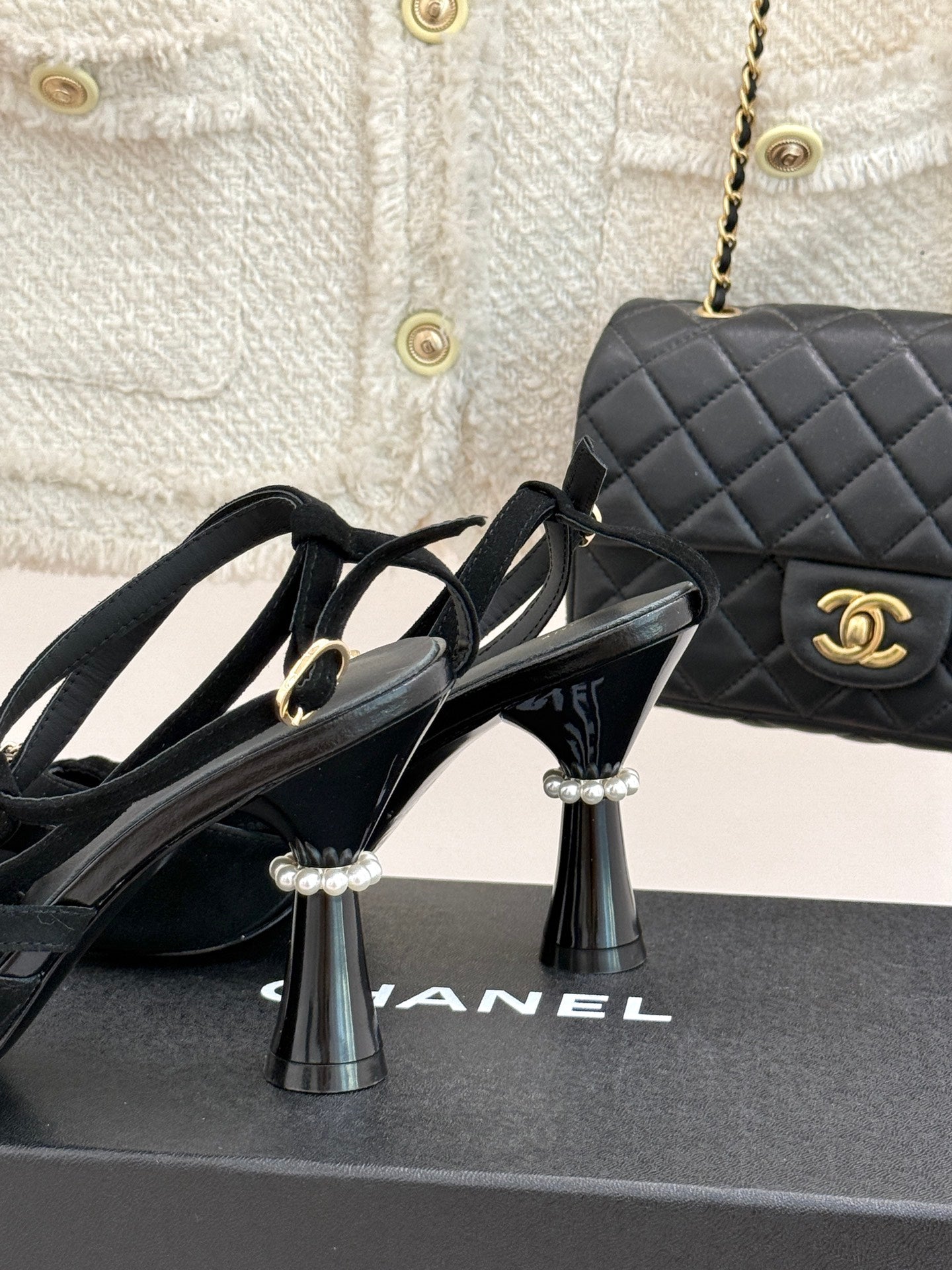 CHANEL CHAIN BOW HIGH HEEL 8 CM SLINGBACKS IN BLACK SUEDE