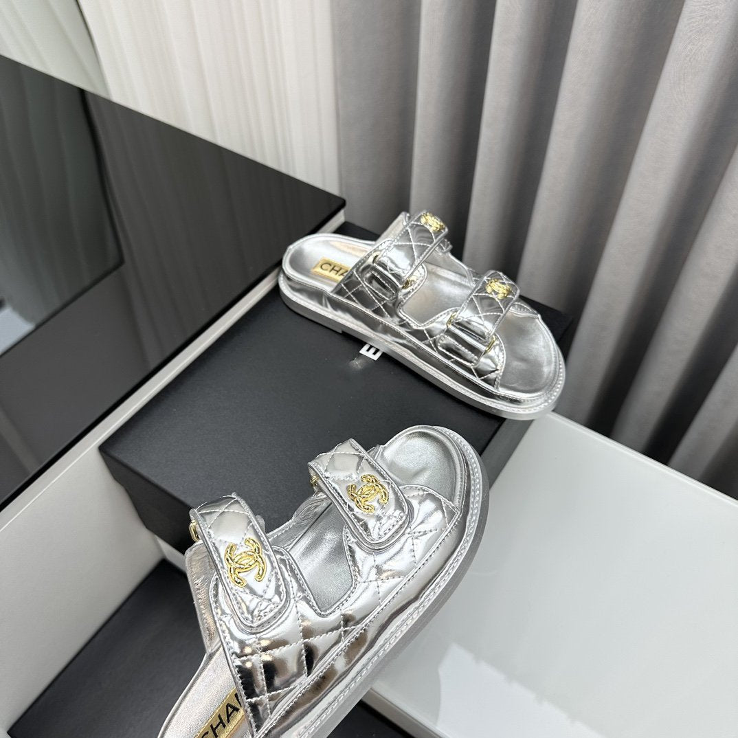 CHANEL dad sandals silver metalic lambskin mules